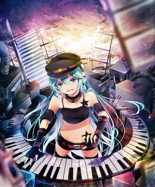 Anime picture 1000x1204 with vocaloid hatsune miku lulu season single tall image looking at viewer open mouth light erotic standing very long hair from above midriff alternate costume zettai ryouiki happy alternate hairstyle glow girl gloves navel
