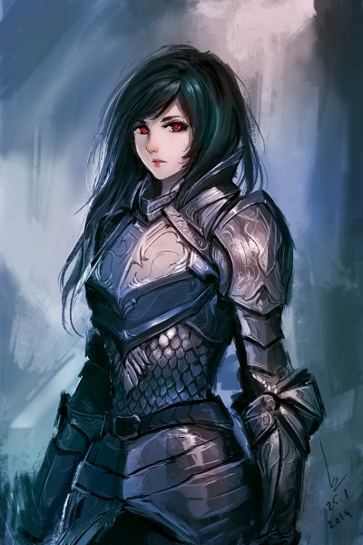 Anime picture 800x1200 with original chaosringen single long hair tall image looking at viewer fringe black hair red eyes standing signed lips realistic inscription dated girl gloves belt armor