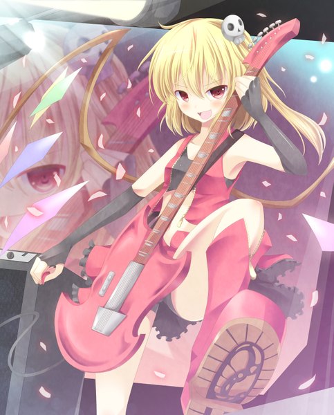 Anime picture 1181x1465 with touhou flandre scarlet aibumi single tall image blush short hair open mouth blonde hair red eyes girl hair ornament petals wings guitar skull hair ornament bass guitar