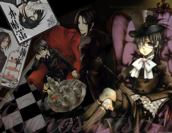 Anime picture 1280x994 with kuroshitsuji a-1 pictures sebastian michaelis ciel phantomhive short hair blue eyes black hair red eyes sitting looking back multiple boys crossed legs checkered floor dual persona butler boy bow hat socks shorts