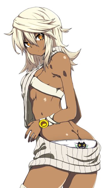 Anime picture 800x1366 with guilty gear guilty gear xrd ramlethal valentine kaname nagi single tall image fringe short hair light erotic simple background hair between eyes white background ass white hair looking back orange eyes dark skin bare back print panties girl