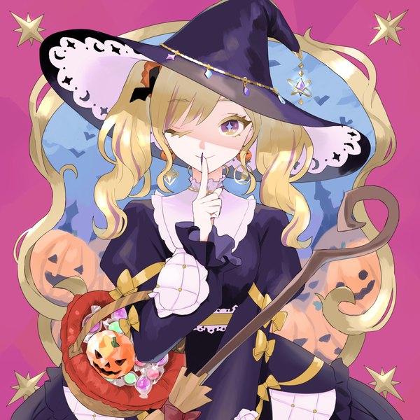 Anime picture 1200x1200 with original meijoo single long hair looking at viewer blonde hair smile twintails yellow eyes upper body one eye closed shaded face pink background halloween girl hat earrings food sweets witch hat