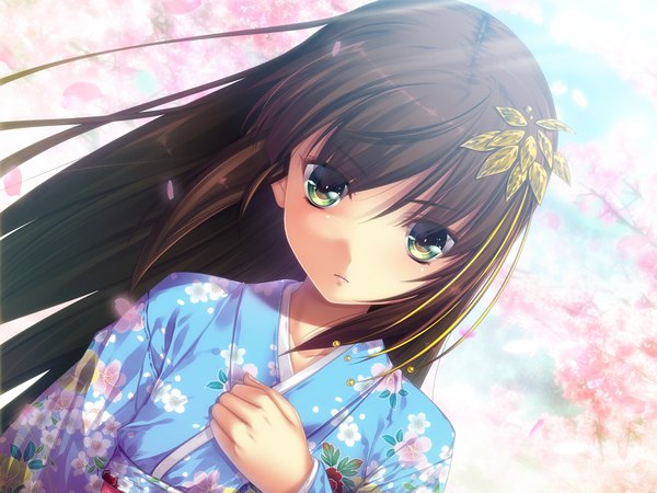 Anime picture 1024x768 with nitou ou mono wa ittou mo ezu long hair black hair green eyes game cg japanese clothes girl kimono