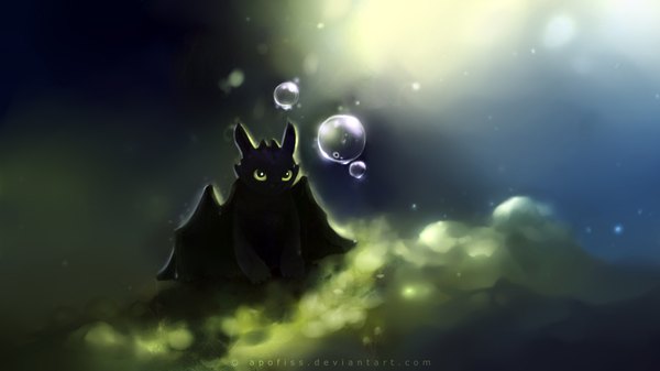 Anime picture 1920x1080 with how to train your dragon dreamworks toothless apofiss single highres wide image yellow eyes no people dragon wings animal wings bubble (bubbles) dragon