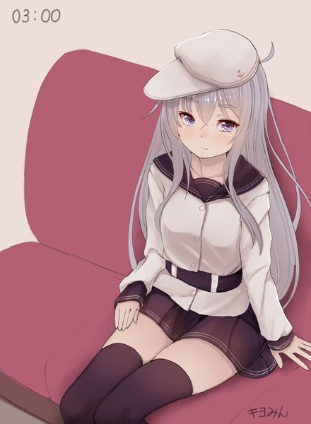 Anime picture 880x1200 with kantai collection hibiki destroyer verniy destroyer kiyomin single long hair tall image looking at viewer blush fringe sitting purple eyes signed silver hair hammer and sickle girl thighhighs skirt black thighhighs flat cap
