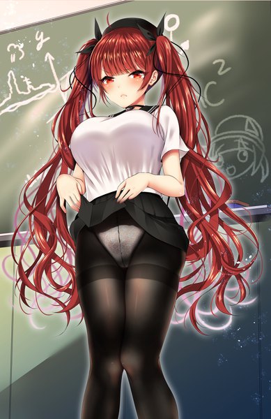 Anime picture 2428x3740 with azur lane honolulu (azur lane) honolulu (umbrella girl) (azur lane) yuzuri ai single long hair tall image blush fringe highres breasts light erotic red eyes large breasts standing twintails looking away red hair indoors blunt bangs