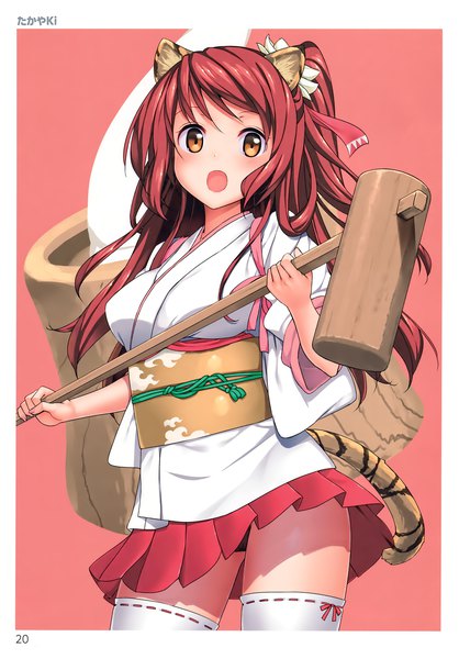 Anime picture 2120x3040 with comic toranoana takayaki single long hair tall image looking at viewer blush highres breasts open mouth light erotic brown hair standing holding animal ears red hair tail traditional clothes japanese clothes animal tail