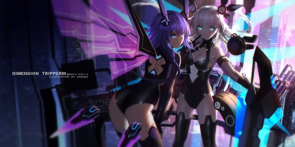 Anime picture 2126x1063 with choujigen game neptune purple heart black heart swd3e2 long hair looking at viewer fringe highres breasts light erotic hair between eyes wide image twintails multiple girls signed cleavage purple hair ass white hair inscription