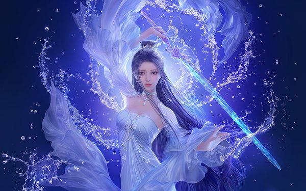Anime picture 1960x1225 with zhu xian lu xueqi da congjun single long hair looking at viewer highres holding purple hair parted lips arm up wind black eyes realistic transparent girl dress weapon earrings sword