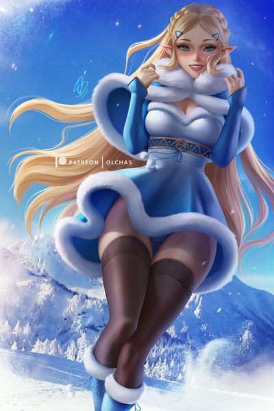 Anime picture 600x900 with the legend of zelda nintendo princess zelda olchas single long hair tall image looking at viewer breasts blue eyes light erotic blonde hair smile standing signed payot sky cleavage bent knee (knees) braid (braids)