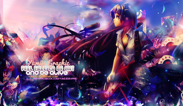 Anime picture 1900x1100 with original yumijii izechou single long hair highres smile red eyes brown hair wide image sky cloud (clouds) profile inscription girl shirt headphones microphone wire (wires) guitar
