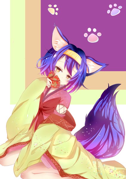 Anime picture 2480x3507 with no game no life madhouse hatsuse izuna eiba single tall image blush fringe highres short hair simple background holding animal ears yellow eyes payot blue hair tail long sleeves traditional clothes japanese clothes