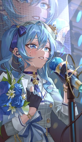 Anime picture 1565x2697 with virtual youtuber hololive hoshimachi suisei hoshimachi suisei (1st costume) jyuma single long hair tall image fringe blue eyes hair between eyes blue hair looking away nail polish tears side ponytail zoom layer girl gloves flower (flowers)