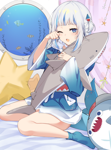 Anime picture 2756x3720 with virtual youtuber hololive hololive english gawr gura gawr gura (1st costume) bloop (gawr gura) ikomochi single long hair tall image looking at viewer blush fringe highres open mouth blue eyes sitting silver hair indoors tail