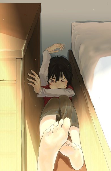 Anime picture 926x1416 with big hero 6 disney hiro hamada (big hero 6) akaha single tall image blush fringe short hair black hair brown eyes indoors one eye closed barefoot sweat sweatdrop boy bed toes shelf