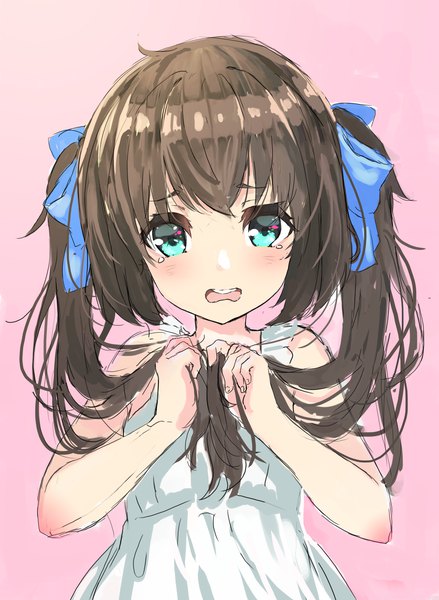 Anime picture 2502x3423 with original oota youjo single long hair tall image looking at viewer blush highres open mouth simple background brown hair twintails upper body aqua eyes pink background holding hair girl ribbon (ribbons) hair ribbon
