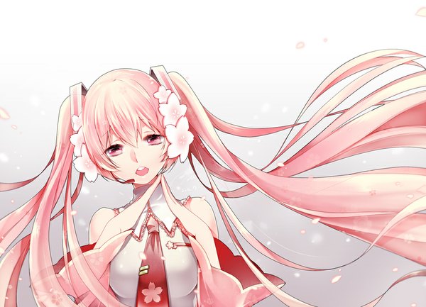 Anime picture 900x650 with vocaloid hatsune miku sakura miku mirunai single long hair looking at viewer fringe open mouth simple background twintails bare shoulders pink hair pink eyes hair flower fingers together girl hair ornament flower (flowers) detached sleeves
