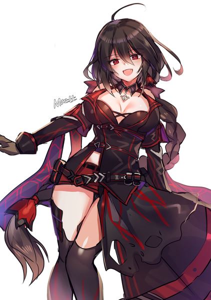 Anime-Bild 1512x2150 mit soul worker iris yuma maett single tall image looking at viewer blush fringe breasts open mouth light erotic black hair simple background hair between eyes red eyes large breasts white background signed payot cleavage
