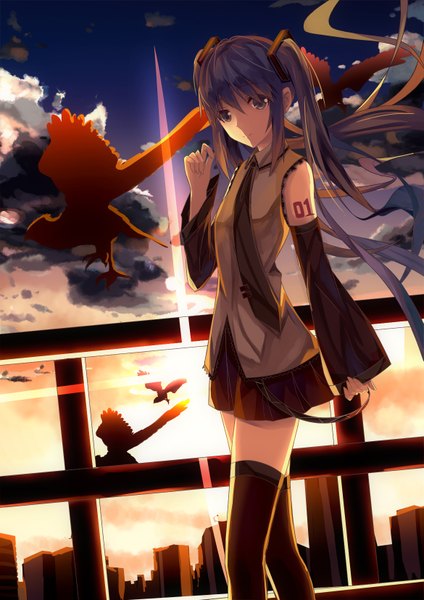 Anime picture 1169x1654 with vocaloid hatsune miku tianya beiming single long hair tall image looking at viewer fringe breasts twintails sky cloud (clouds) pleated skirt aqua hair wide sleeves zettai ryouiki evening sunset walking girl