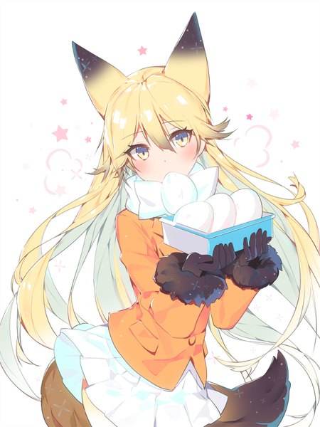 Anime picture 1200x1598 with kemono friends ezo red fox (kemono friends) ronopu single long hair tall image looking at viewer blush fringe black hair blonde hair simple background hair between eyes standing white background animal ears yellow eyes tail head tilt animal tail