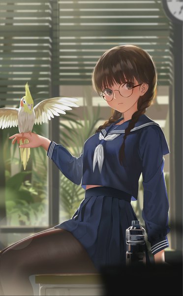 Anime picture 900x1451 with original yunsang single long hair tall image looking at viewer fringe brown hair sitting brown eyes indoors blunt bangs braid (braids) pleated skirt arm support twin braids lens flare bird on hand girl skirt