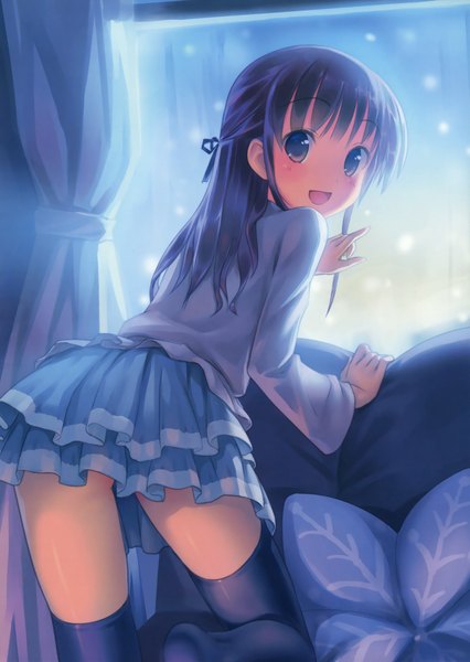 Anime picture 2341x3300 with original takoyaki (roast) single long hair tall image looking at viewer blush fringe highres open mouth indoors looking back scan no shoes happy snowing winter girl thighhighs skirt