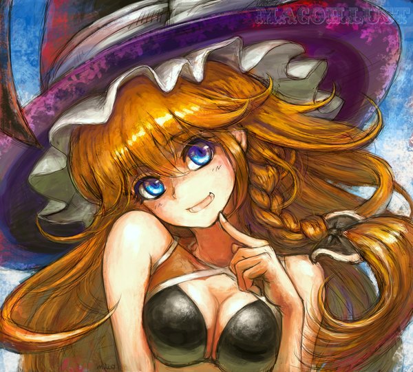 Anime picture 1800x1625 with touhou kirisame marisa maco (macoillust) single long hair fringe highres breasts open mouth blue eyes light erotic blonde hair signed looking away braid (braids) single braid finger to mouth girl swimsuit hat