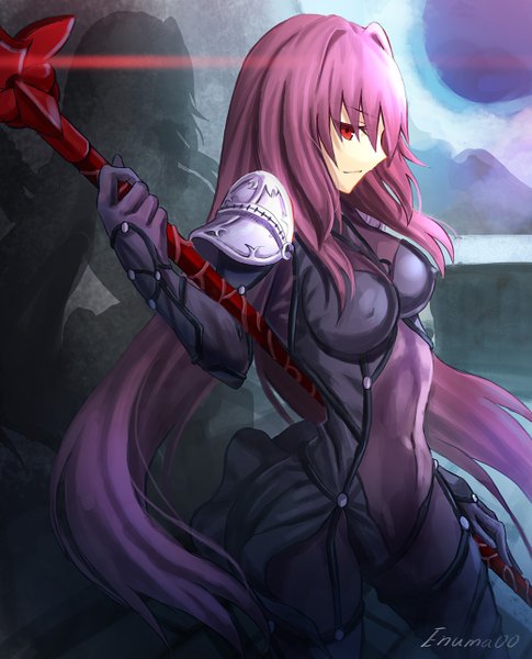 Anime picture 1040x1286 with fate (series) fate/grand order type-moon scathach (fate) (all) scathach (fate) aora single long hair tall image looking at viewer fringe breasts smile red eyes standing holding signed pink hair profile shadow
