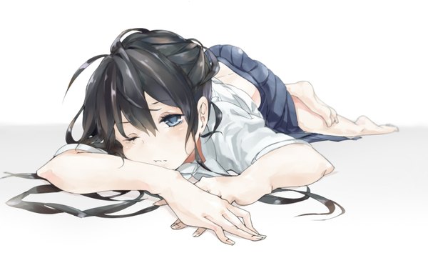 Anime picture 1494x936 with original taxi (owp) single long hair looking at viewer blush blue eyes black hair wide image white background lying pleated skirt one eye closed barefoot wink no shoes on stomach girl skirt hands