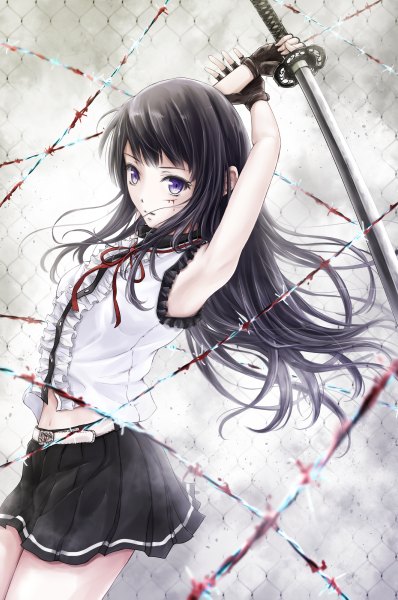 Anime picture 796x1200 with original nuwanko single long hair tall image looking at viewer blue eyes black hair girl skirt weapon sword katana blood