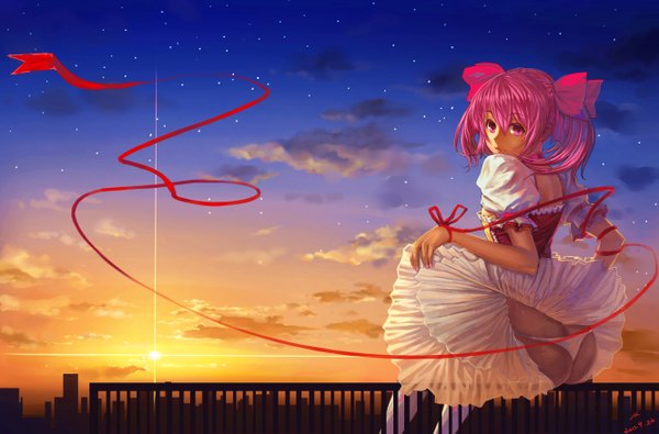 Anime picture 5315x3507 with mahou shoujo madoka magica shaft (studio) kaname madoka shuizhanglang highres short hair light erotic twintails pink hair absurdres cloud (clouds) ass pink eyes evening short twintails sunset girl thighhighs dress underwear