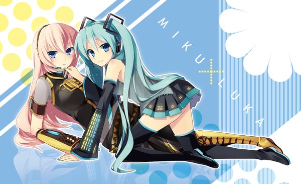 Anime picture 1637x1000 with vocaloid hatsune miku megurine luka blue eyes light erotic wide image twintails multiple girls pink hair green hair girl thighhighs 2 girls detached sleeves hairband headphones