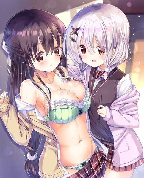 Anime picture 1200x1487 with original kurou (quadruple zero) long hair tall image blush short hair breasts open mouth light erotic black hair large breasts twintails multiple girls brown eyes cleavage silver hair braid (braids) open shirt low twintails plaid skirt