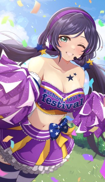 Anime picture 2160x3727 with love live! school idol project sunrise (studio) love live! toujou nozomi pukonuu single long hair tall image looking at viewer blush fringe highres breasts light erotic smile large breasts standing twintails sky purple hair