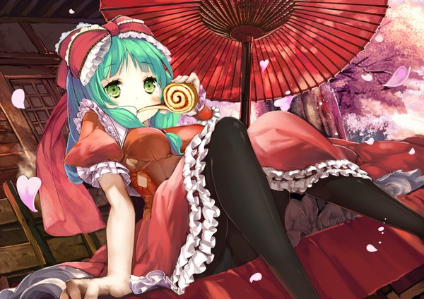 Anime picture 4960x3507 with touhou kagiyama hina spirtie single long hair looking at viewer highres breasts light erotic sitting green eyes absurdres green hair short sleeves puffy sleeves cherry blossoms side slit eating girl thighhighs