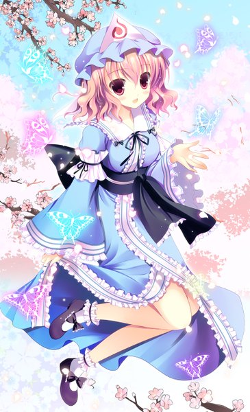 Anime picture 800x1313 with touhou saigyouji yuyuko shirogane hina single tall image looking at viewer blush short hair open mouth pink hair pink eyes cherry blossoms girl dress plant (plants) petals tree (trees) frills obi