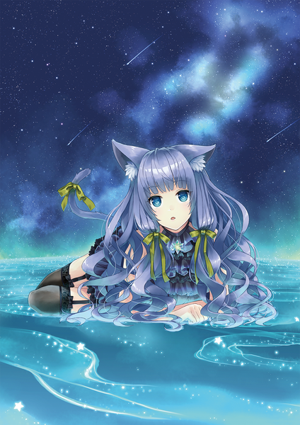 Anime picture 1000x1414 with original daidai jamu single long hair tall image looking at viewer fringe open mouth blue eyes twintails animal ears purple hair tail blunt bangs animal tail cat ears night :o cat girl cat tail