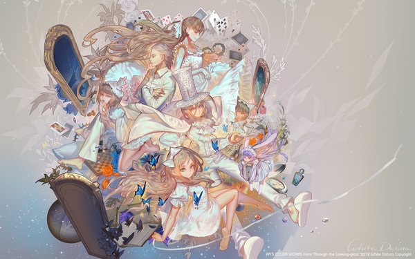 Anime picture 1920x1200 with alice in wonderland alice (alice in wonderland) white rabbit cheshire cat queen of hearts mad hatter alphonse (white datura) long hair highres short hair blue eyes blonde hair smile red eyes brown hair wide image purple eyes bare shoulders multiple girls animal ears