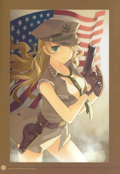 Anime picture 2098x3031 with h2so4 single long hair tall image fringe highres light erotic blonde hair green eyes absurdres hair over one eye open clothes open shirt border girl gloves uniform hat necktie belt