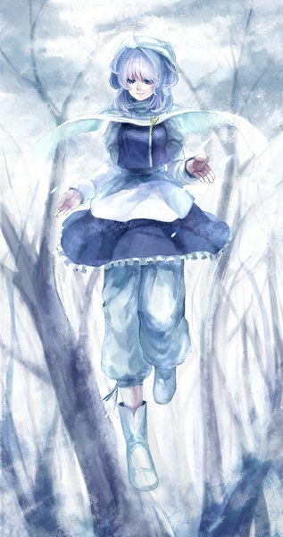 Anime picture 546x1031 with touhou letty whiterock oburaato single tall image short hair blue eyes smile blue hair looking away flying bare tree girl plant (plants) tree (trees) boots bonnet forest