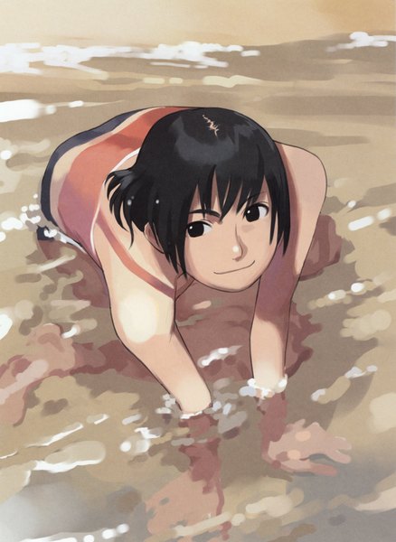 Anime picture 1461x2000 with takamichi single tall image short hair black hair sitting light smile black eyes sleeveless beach girl