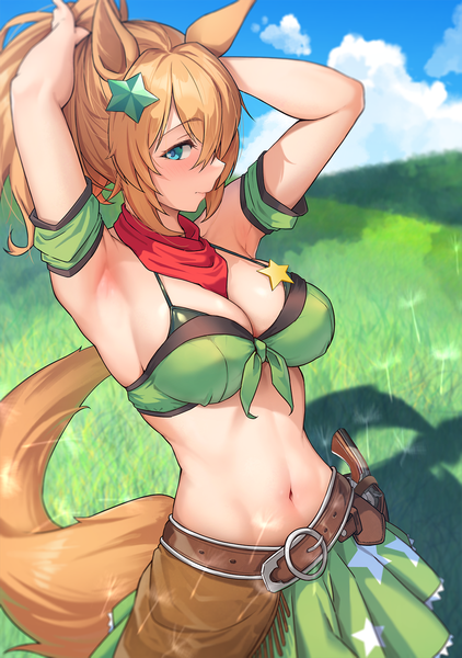 Anime picture 1040x1477 with umamusume taiki shuttle (umamusume) solar (happymonk) single long hair tall image looking at viewer blush fringe breasts blue eyes light erotic blonde hair hair between eyes large breasts standing animal ears payot sky cleavage