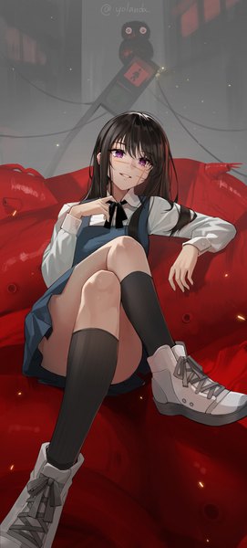 Anime picture 2157x4784 with chainsaw man mappa mitaka asa yoru (chainsaw man) war devil (chainsaw man) yolanda single long hair tall image looking at viewer fringe highres hair between eyes purple eyes signed full body long sleeves parted lips head tilt twitter username