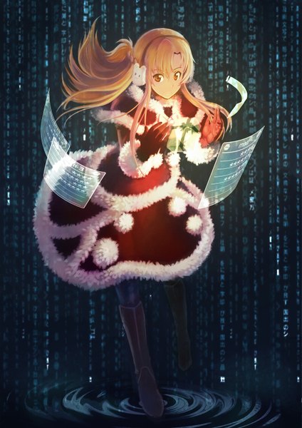 Anime picture 1018x1440 with sword art online a-1 pictures yuuki asuna tienao single long hair tall image brown hair brown eyes christmas girl gloves boots gift winter clothes earmuffs