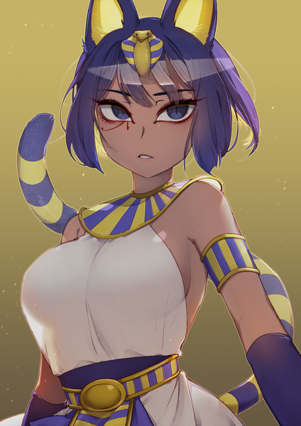 Anime picture 2480x3508 with animal crossing nile (doubutsu no mori) chami single tall image looking at viewer fringe highres short hair breasts light erotic simple background purple eyes animal ears purple hair upper body tail traditional clothes parted lips animal tail