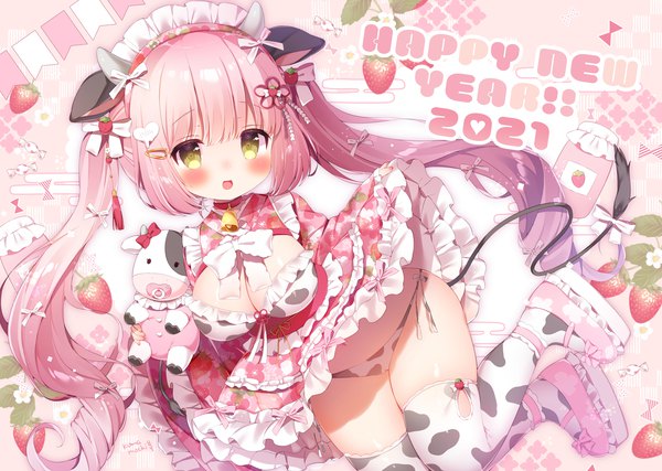 Anime picture 2097x1491 with original momozu komamochi single blush highres breasts open mouth light erotic large breasts twintails green eyes animal ears pink hair cleavage tail very long hair :d animal tail horn (horns) new year
