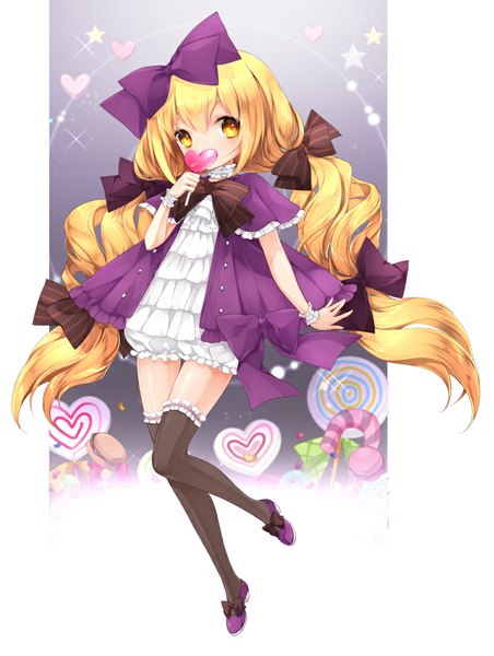 Anime picture 754x1000 with original juna single long hair tall image looking at viewer blonde hair twintails yellow eyes girl thighhighs dress bow black thighhighs hair bow lollipop