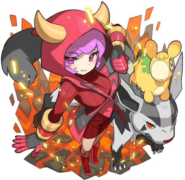 Anime picture 1025x1000 with pokemon pokemon (game) pokemon oras nintendo mightyena numel courtney (pokemon) kagari (pokemon) saitou naoki single fringe short hair smile standing white background purple eyes purple hair horn (horns) from above gen 3 pokemon