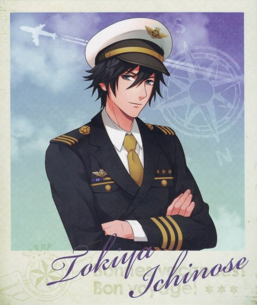Anime picture 863x1024 with uta no prince-sama a-1 pictures ichinose tokiya single tall image looking at viewer short hair black hair smile sky cloud (clouds) grey eyes crossed arms framed boy uniform shirt necktie peaked cap blazer