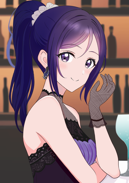 Anime picture 2894x4093 with love live! sunshine!! sunrise (studio) love live! matsuura kanan strawberryhat single long hair tall image looking at viewer blush fringe highres smile purple eyes bare shoulders purple hair upper body ponytail girl gloves